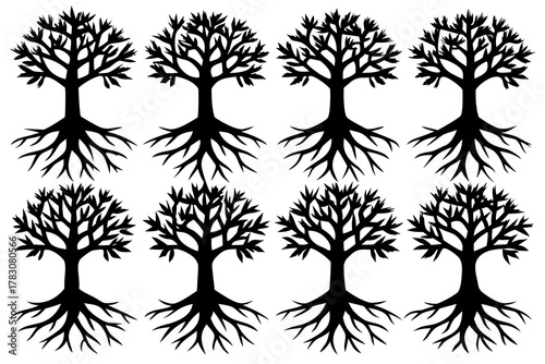 Tree with roots silhouette vector bundle isolated on white background