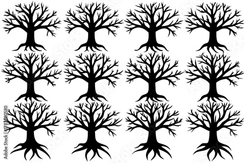 Tree and Roots Silhouette Pack, Ancestry Tree, Organic Nature Vector Set, Rooted Tree Illustrations