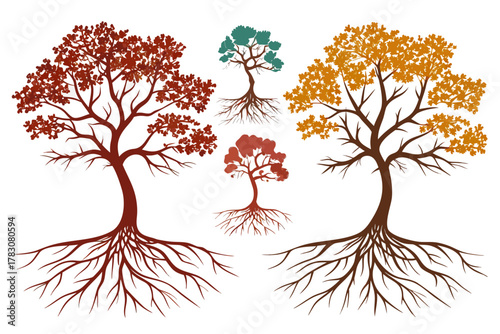 set of Tree with roots silhouette vector illustration isolated on white background