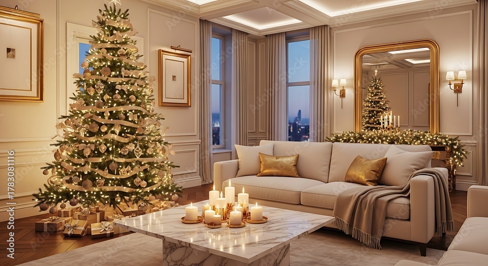 Fototapeta premium Elegant living room decorated for christmas with tree and cozy decorations