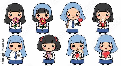 Cute Indonesian Schoolgirls with Flowers and Love
