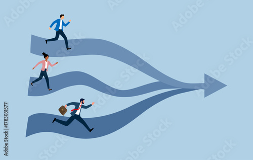 The path of business, creating opportunities and competition, Three businesspeople run on the three race track to compete for a single exit. Vector design illustration.