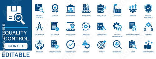 Quality control icon set. featuring inspection, evaluation, product, quality assurance, process, warehouse, factory, testing and more. perfect vector icon collection.