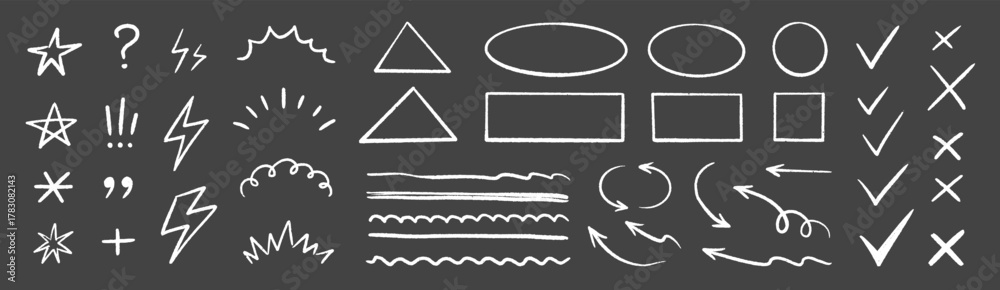 Naklejka premium Line mark icon pack. Pencil crayon arrows, cross sign, text quote frames, stars and check emphasis elements for infographic text design. Hand drawn line check mark elements. Vector illustration