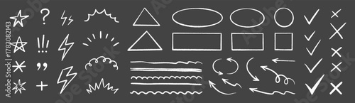 Line mark icon pack. Pencil crayon arrows, cross sign, text quote frames, stars and check emphasis elements for infographic text design. Hand drawn line check mark elements. Vector illustration