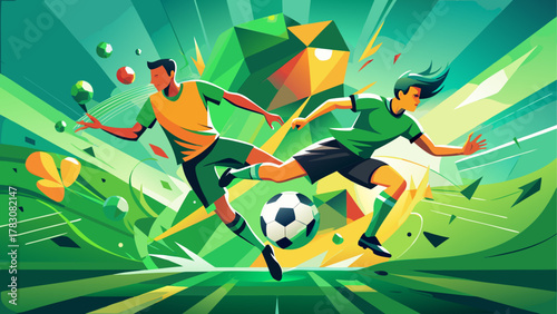 Two soccer players kicking the soccer ball