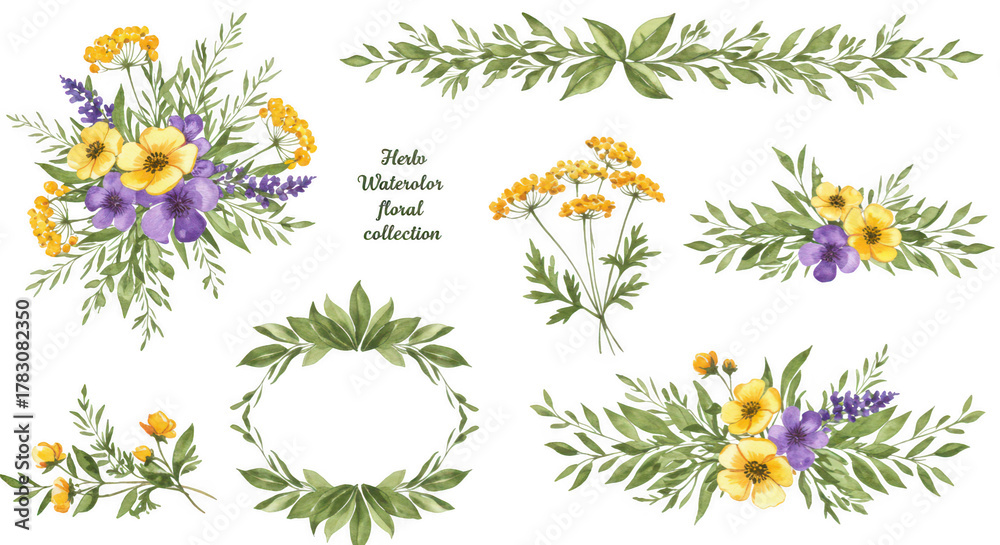 Obraz premium Floral Watercolor Arrangement: A delicate watercolor arrangement of various flowers and green leaves creating an eye-catching illustration.