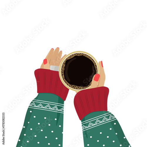 Female hands warm up in hot morning coffee mug. 