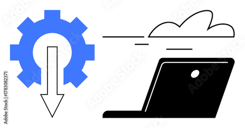 Gear with downward arrow, representing software download, alongside laptop and cloud. Ideal for technology, automation, cloud storage, app installation, data transfer, software updates innovation