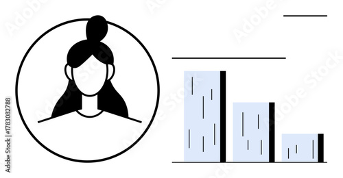 Female avatar portrait paired with a descending bar chart. Ideal for analytics, growth, user data, statistics, research, profiling, productivity. A simple flat metaphor