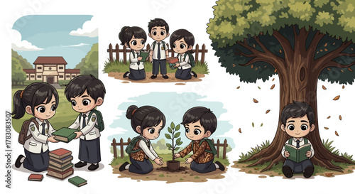 Indonesian Students Reading and Planting Trees