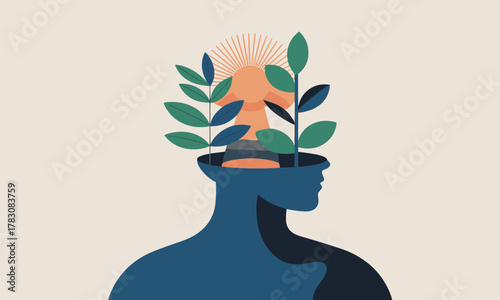 Abstract Illustration of a Mind with Growing Plants.