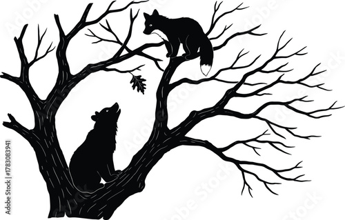 Bear cub and fox in tree, black and white silhouette, wildlife interaction illustration, forest animal graphic, nature scene vector