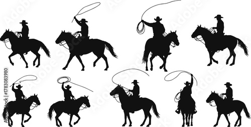 Cowboy riding horse silhouette, lasso action vector, western ranch icon, black graphic design, rodeo illustration, stock artwork, emblem