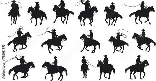 Cowboy riding horse silhouette, western lasso action, rodeo vector icon, black graphic design, stock illustration, wild west emblem