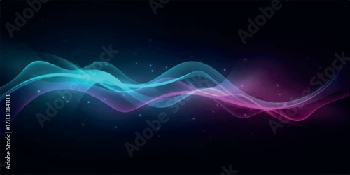 Abstract flowing waves of light in vibrant blue and pink hues against a dark background.
