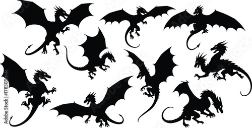 Dragon silhouette vector, mythical flying beast, fantasy creature icon, black graphic design, tattoo style illustration, stock artwork, emblem