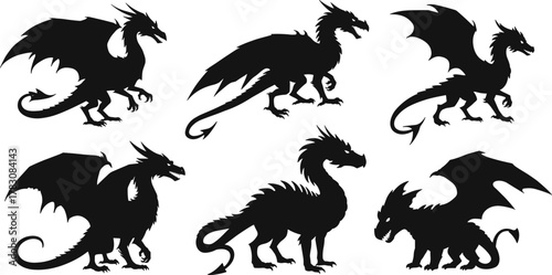 Dragon silhouette vector, mythical creature design, flying beast icon, fantasy illustration, black graphic artwork, tattoo style, stock emblem