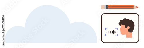 Cloud shape with human speech recognition icon and pencil, symbolizing technology, creativity, and AI. Ideal for innovation, cloud computing, voice assistant, communication, data storage AI