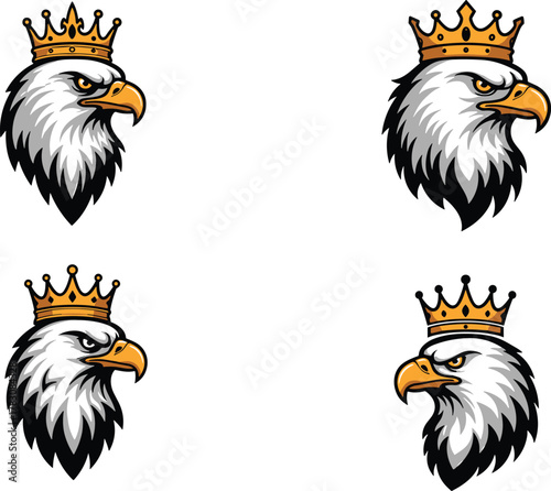 Eagle head illustration, crowned eagle mascot, royal bird emblem, fierce animal logo, majestic predator vector, regal wildlife design, golden crown