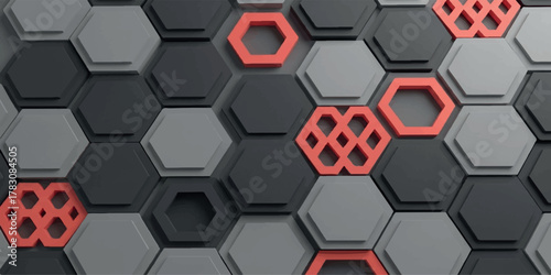 Abstract Hexagonal Pattern with Gray Black and Coral Accents.
