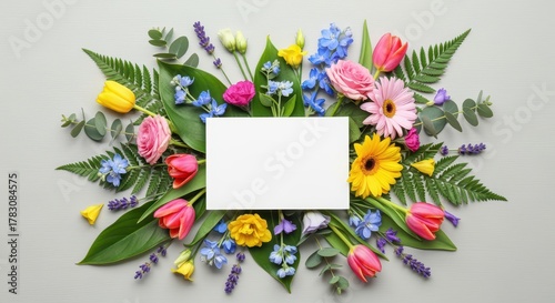 Blooming Bouquet of Colors: A vibrant arrangement of colorful flowers and lush green foliage, forming a stunning floral frame with a blank card in the center.