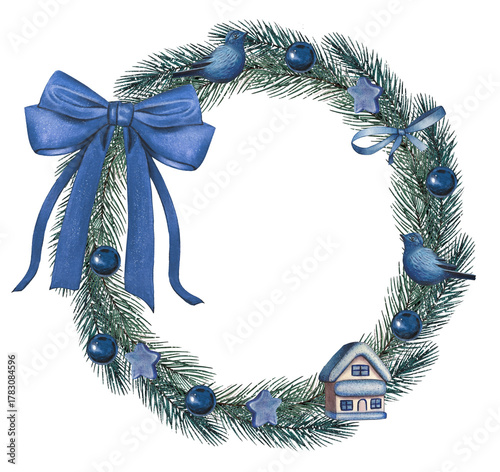 Hand drawn  Christmas wreath with fir branches, blue ornaments, blue bow. Watercolor illustration.