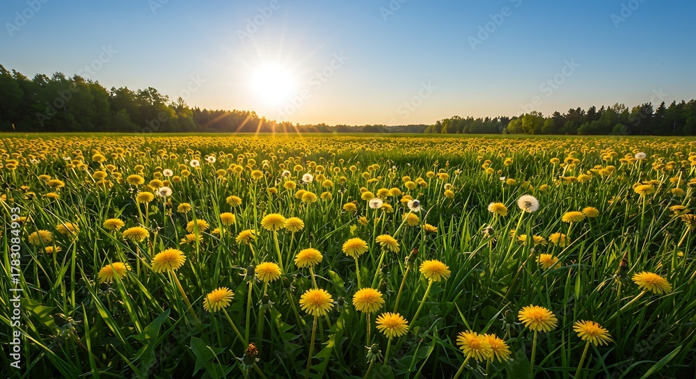 Fototapeta premium Vibrant Dandelion Field at Sunset with Golden Light and Lush Green Grass.