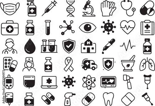 Healthcare and Medical Line Icons Set: Doctor, Hospital, Virus, and Emergency Symbols