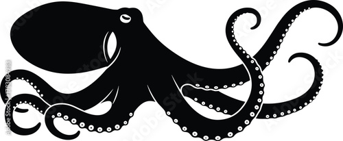 Octopus silhouette vector, black and white sea creature, stylized tentacle design, marine animal graphic, stock illustration, ocean emblem