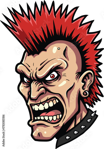 Punk head cartoon, red mohawk illustration, screaming face vector, rebellious character design, alternative culture artwork, stock graphic icon