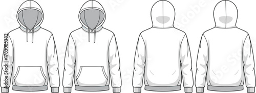 Cad drawing flat vector illustration, hoodie front and back view, sweatshirt design template, fashion technical sketch, clothing mockup design, apparel