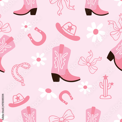 Pink cowgirl seamless pattern vector, western boots, hats, bows, horseshoes, daisies and cactus on pastel background, cute feminine country design for fabric and wrapping.