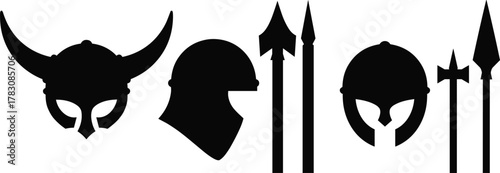 Viking weapon silhouette, Norse helmet vector, warrior icon design, battle axe and spear graphic, black illustration, stock artwork, emblem
