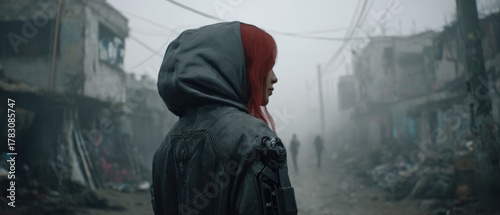 Woman in cyberpunk street scene