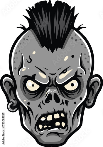 Zombie head cartoon, gray undead face, mohawk hairstyle illustration, horror character design, Halloween graphic artwork, angry monster vector