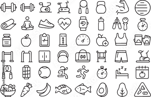Black and White Line Icons for Weight Loss, Training, and Health Monitoring