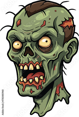 Zombie head cartoon, green undead face, exposed flesh illustration, horror character design, Halloween graphic artwork, scary monster vector, icon