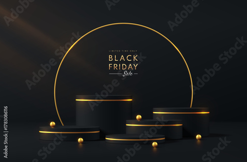 3D black cylindrical podium background with golden circle frame scene. Black Friday sale. Minimalist geometric Platforms mockup pedestal design. Abstract product display presentation. Stage showcase.