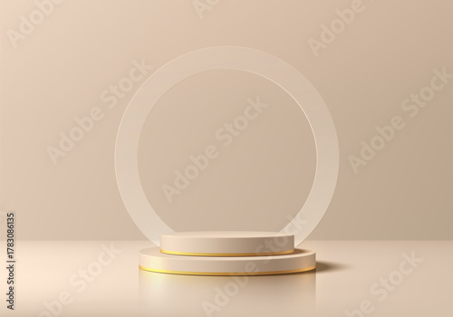 Beige 3D cylindrical podium background with glass circle ring empty space wall scene. Minimalist mockup pedestal. Abstract stands product display presentation, Stage showcase. Platforms vector design.