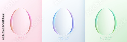 Set of oval eggs frames paper cut design. Happy Easter background in pastel pink, soft blue and green color and blue hologram in round frame. Trendy vector illustration. Happy Easter day element.