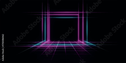 Futuristic virtual reality space with glowing pink and blue neon grid lines.