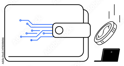 Wallet with circuit-thumbs up design, depicting digital currency. Coin and laptop symbolize cryptocurrency transactions. Ideal for fintech, blockchain, cryptocurrency, online payments, digital