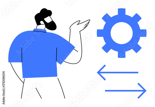 Man pointing to a gear with two opposing arrows. Ideal for teamwork, collaboration, workflow, optimization, strategy, process management, and communication. Clean flat metaphor