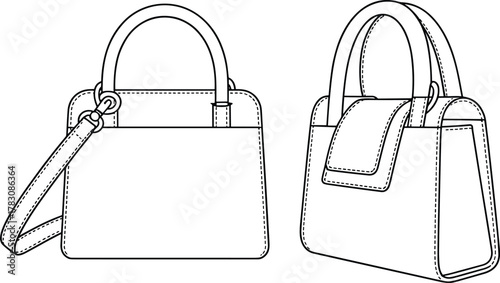 cad drawing flat vector illustration, small handbag outline, elegant purse sketch, modern fashion bag template, women leather accessory design