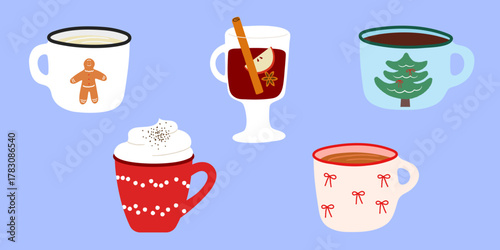 Winter Drinks in mugs and glasses Vector Illustration 