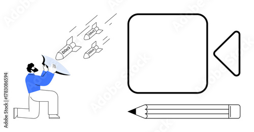 Man deflecting projectiles labeled spam, ads, bots with a shield near minimalistic video and pencil icons. Ideal for cybersecurity, content creation, productivity, online safety, focus, tech defense