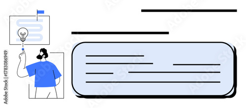 Man pointing to light bulb diagram on board with abstract lines beside a text box. Ideal for brainstorming, innovation, planning, strategy, creativity, collaboration, ideas. Minimalist flat metaphor