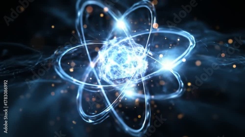 Vibrant blue atomic model with glowing electron orbits spiraling around a radiant nucleus in space.