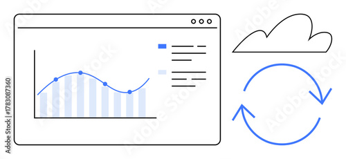 Dashboard with line chart, bar graph, cloud, and circular arrow indicating data sync. Ideal for analytics, cloud computing, productivity, strategy, data flow innovation simple flat metaphor